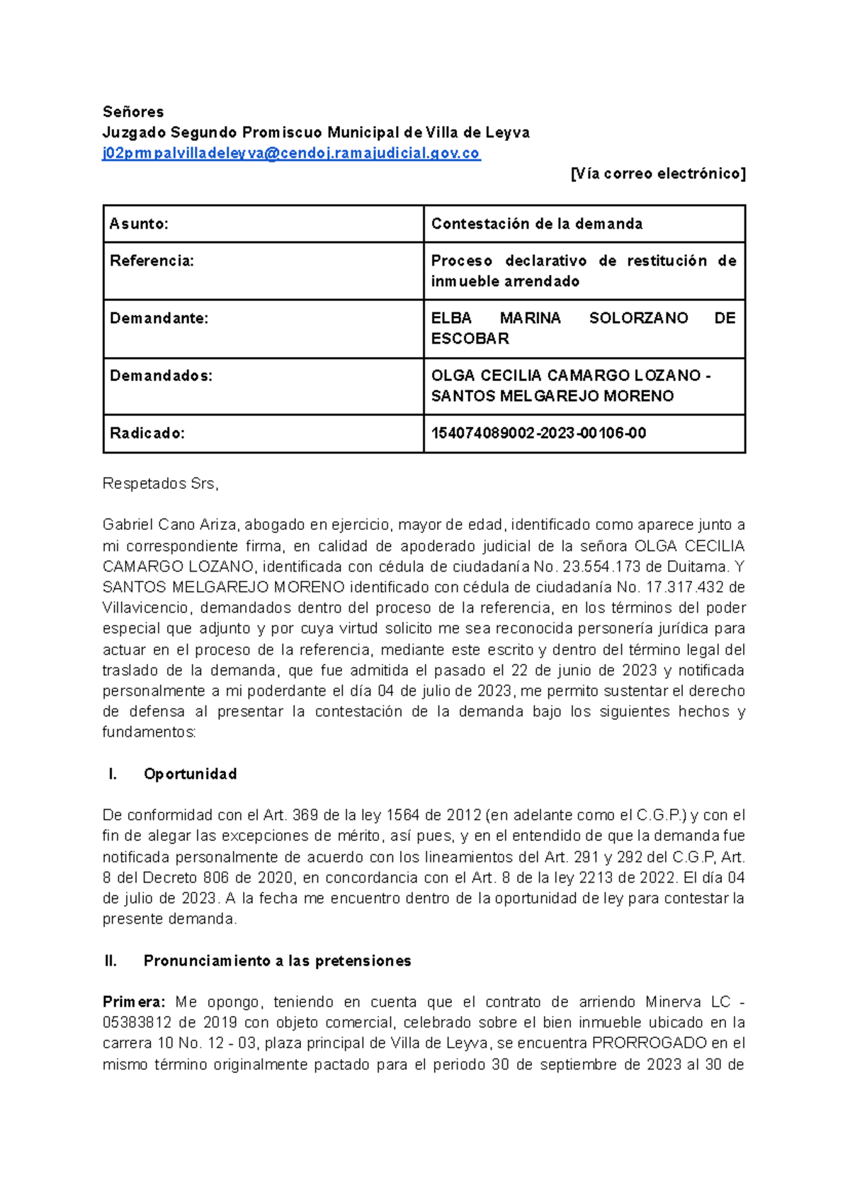 Contestación de la Demanda - Proceso Restitución Inmueble LC 05383812 ...