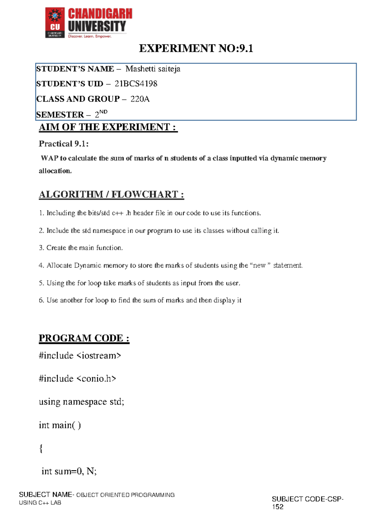 C++ practical 9 - 3.2 c++ worksheet - SUBJECT NAME- USING C++ LAB ...