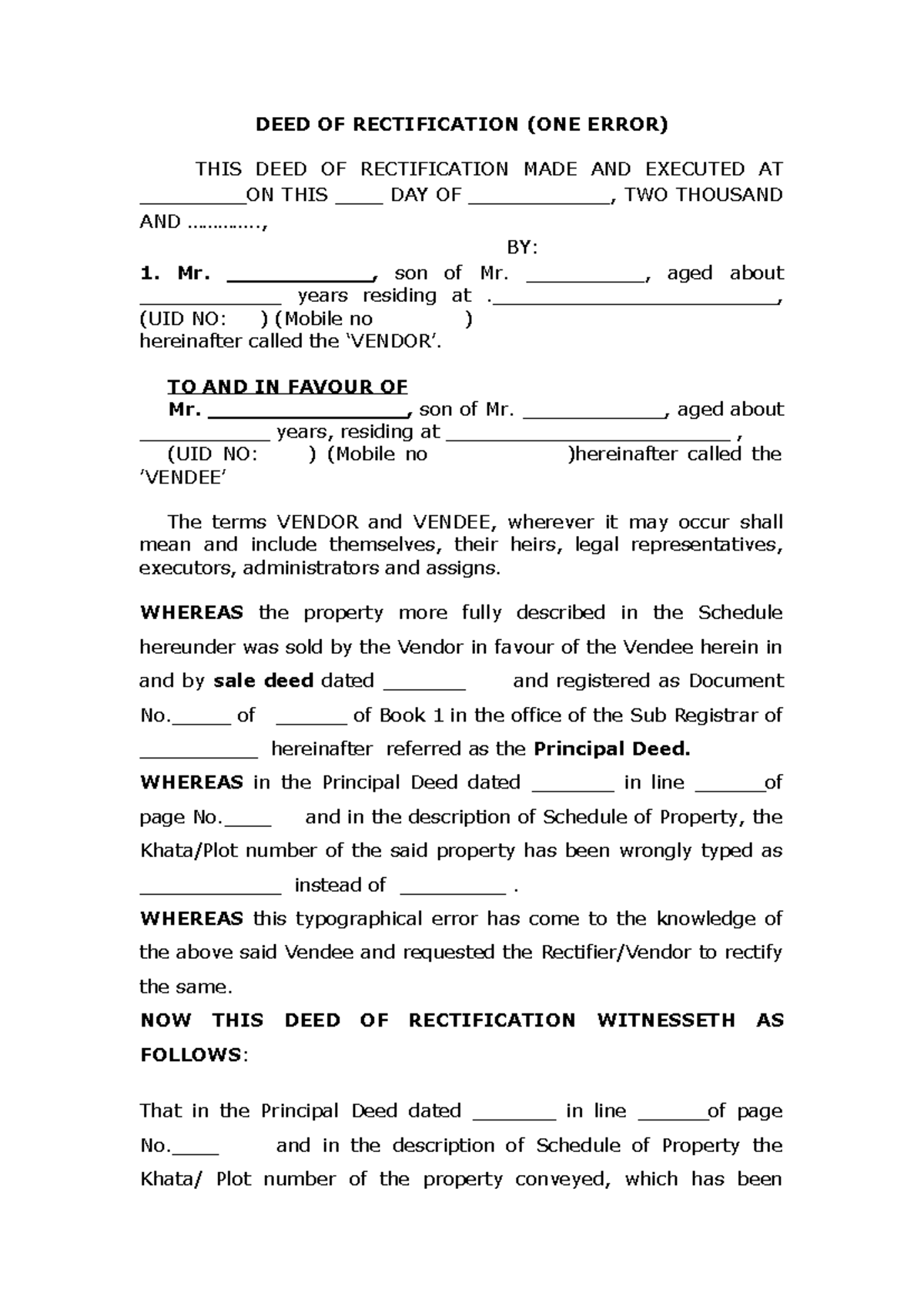 Deed of Rectification - Correction of Property Details - Studocu
