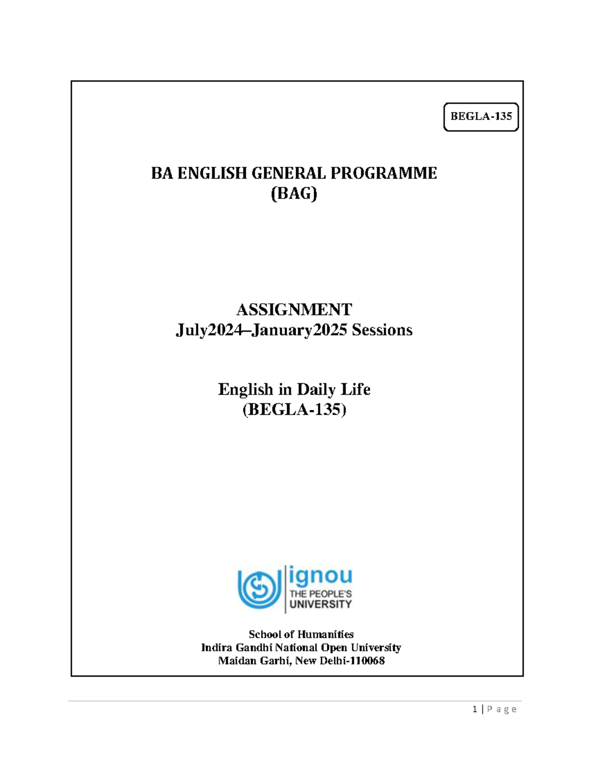 Begla 135 BAG Assignment - BEGLA- 135 BA ENGLISH GENERAL PROGRAMME (BAG ...