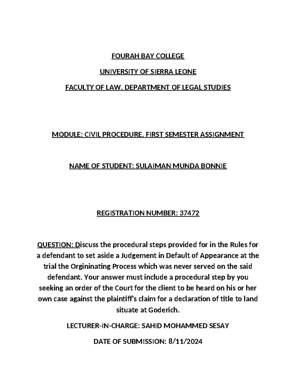 CIVIL PROCEDURE FIRST SEMESTER ASSIGNMENT: Default Judgment Procedure ...