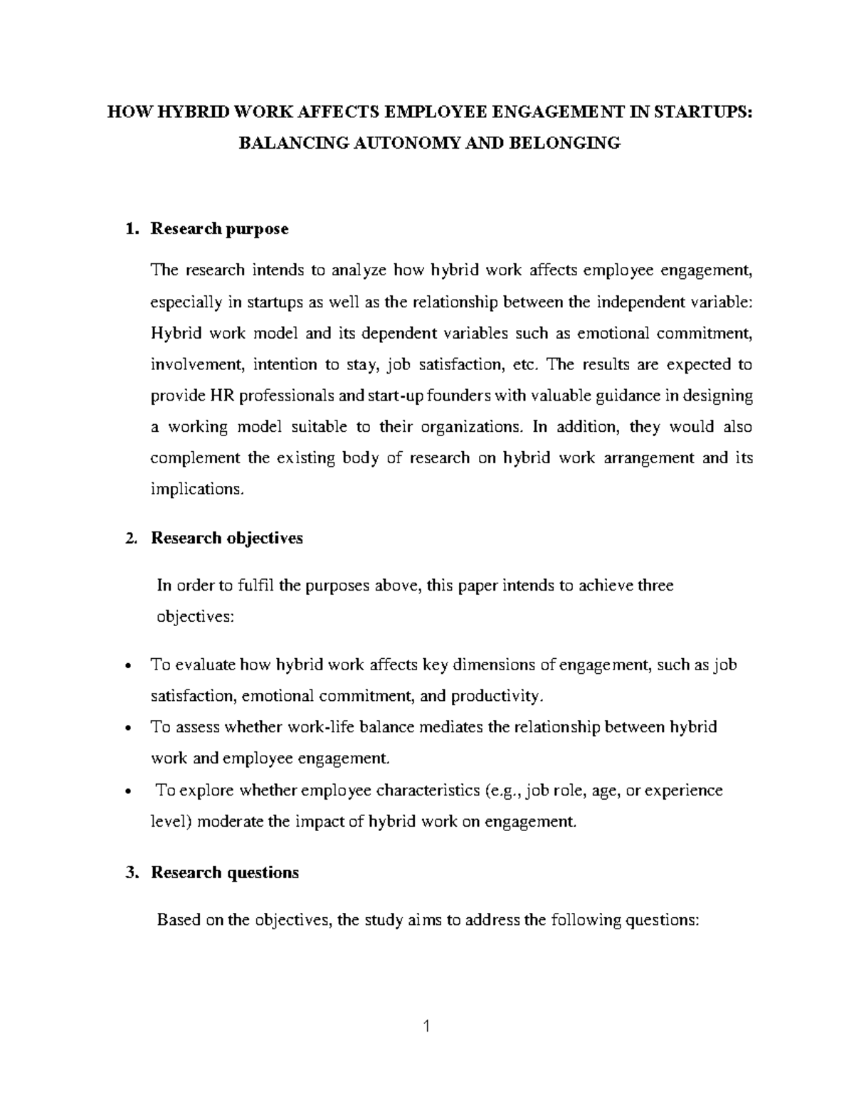 Impact of Hybrid Work on Employee Engagement in Startups: Proposal ...