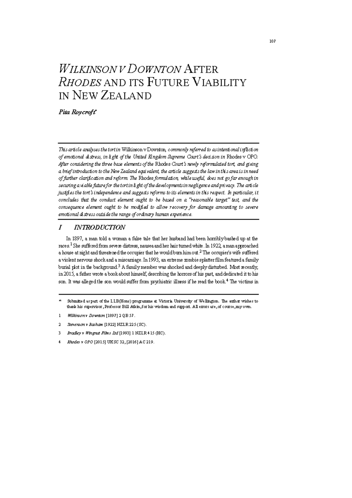 Wilkinson v Downton: The Future of IIED Post-Rhodes in NZ Law - Studocu