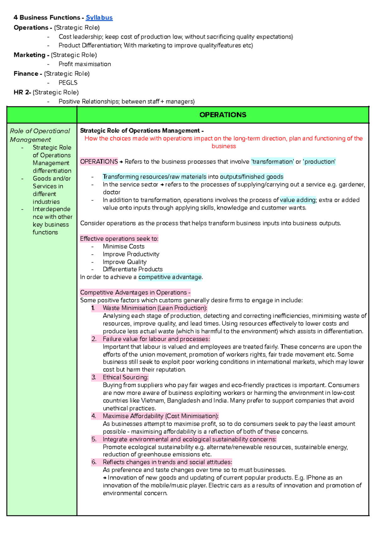 Business Notes Year 12: Operations Management & Strategic Roles - Studocu