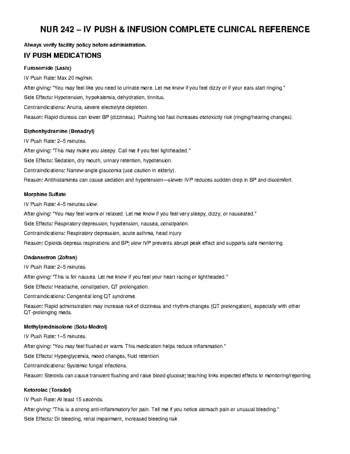 NUR 242 IV Push Medications: Complete Clinical Reference Guide - Studocu