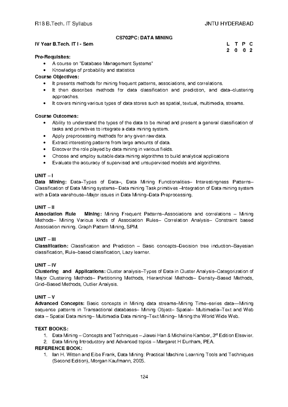 Data Mining Syllabus - notes - R18 B. IT Syllabus JNTU HYDERABAD 124 ...