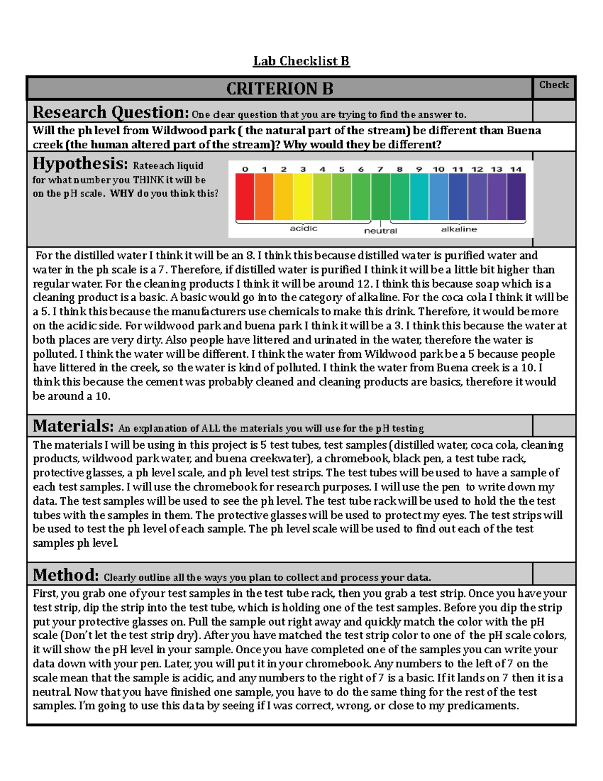 Lab Checklist B - pH Testing for Wildwood & Buena Creeks - Studocu