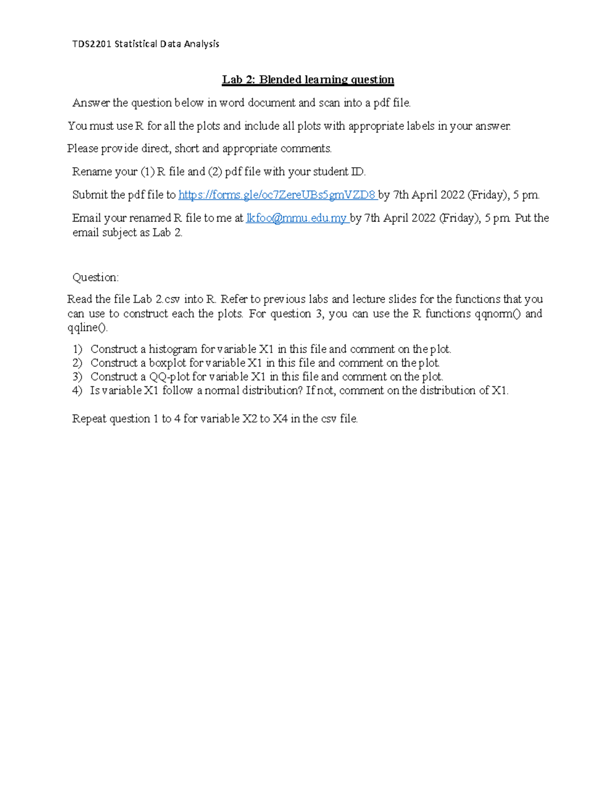 Lab 2 - Blended learning question - TDS2201 Statistical Data Analysis ...