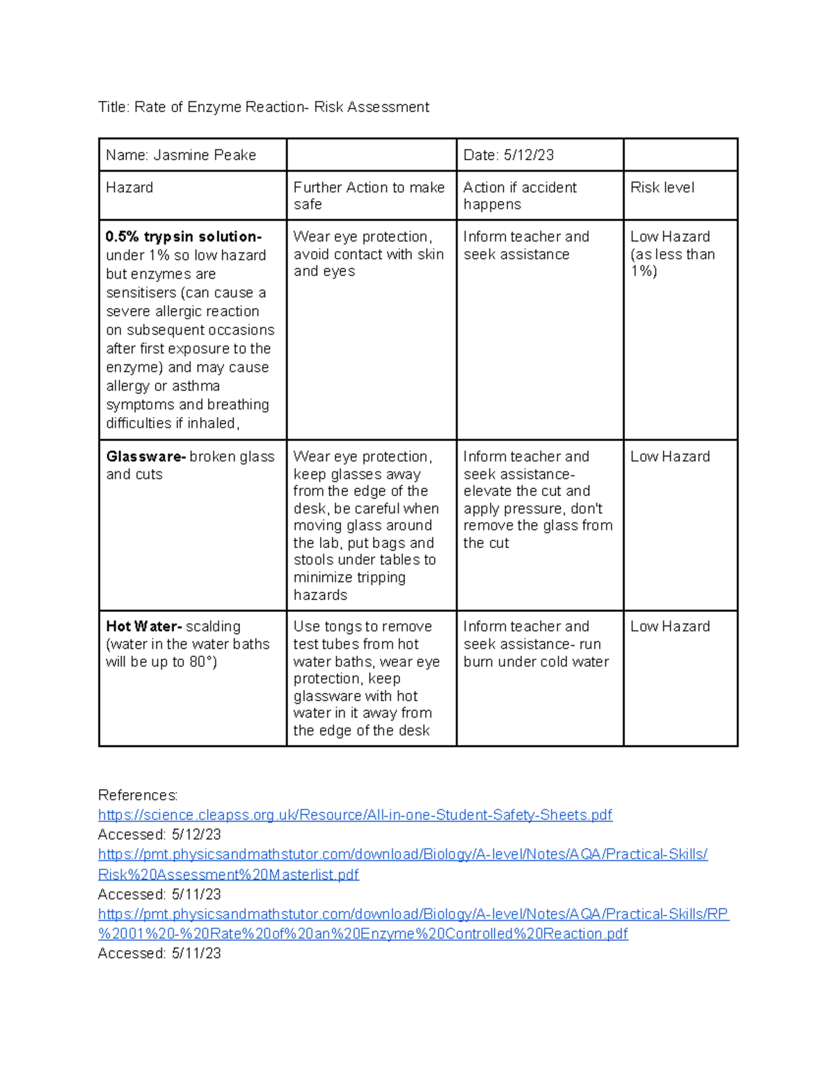 Copy of Risk Assessment Jasmine Peale - Title: Rate of Enzyme Reaction ...