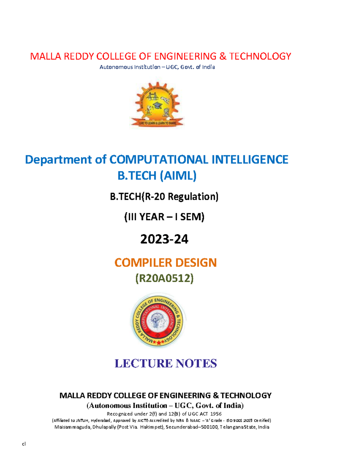 Compiler Design (R20A0512) Lecture Notes for B.Tech AIML 1st Sem - Studocu