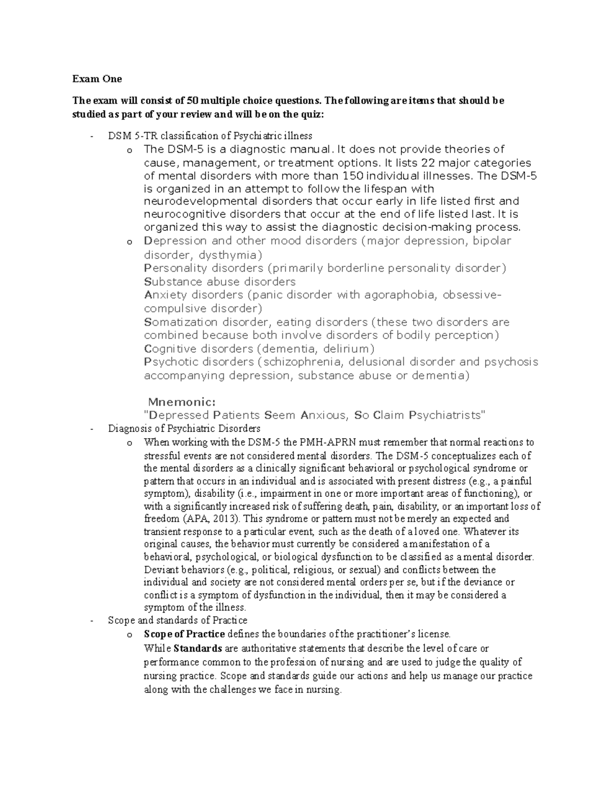 Psychiatric Nursing Exam 1 Study Guide (PSY 201) - Studocu