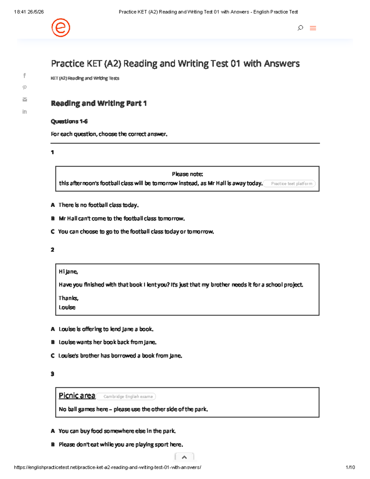 KET (A2) Reading & Writing Test 01 with Answers - Practice Test - Studocu