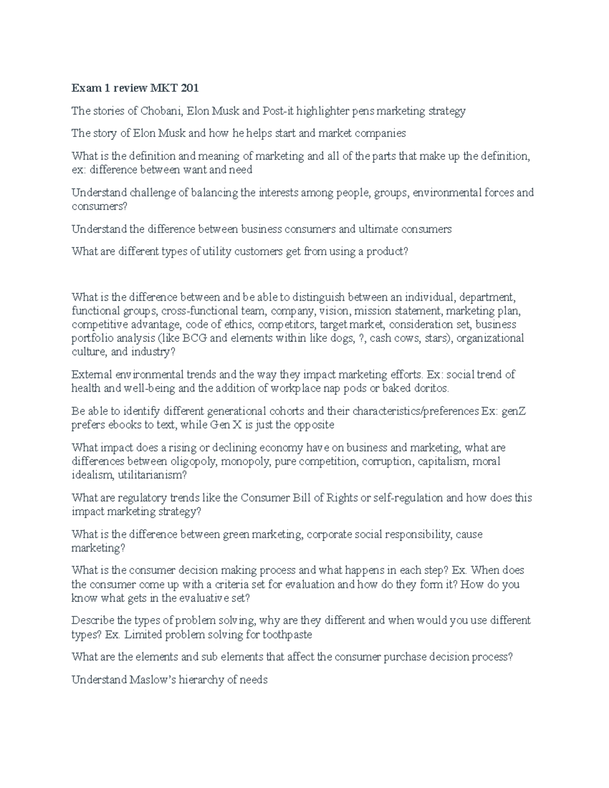 Exam 1 Study Guide: Marketing Strategies & Consumer Insights MKT 201 ...