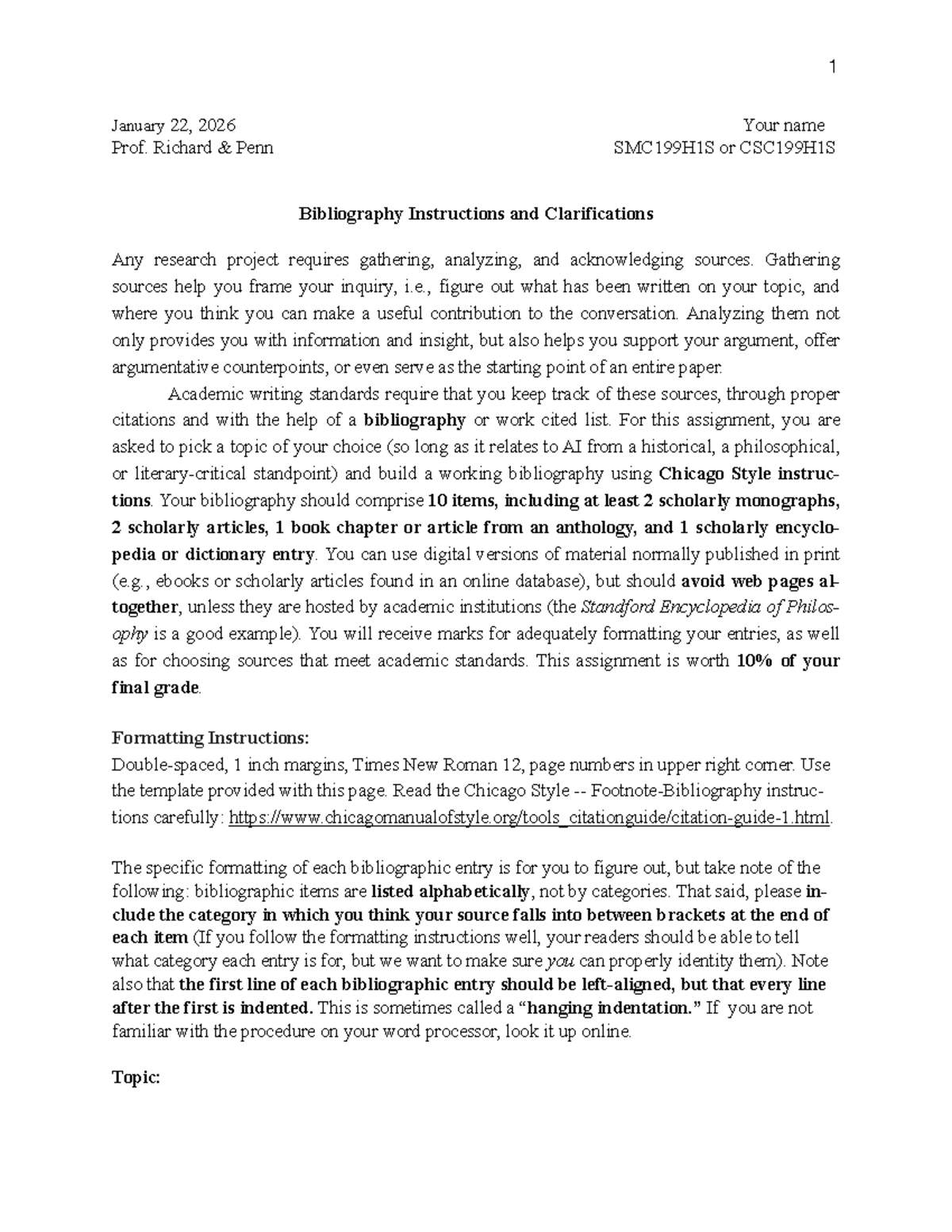 SMC199H1S/CSC199H1S Bibliography Instructions & Guidelines - Studocu