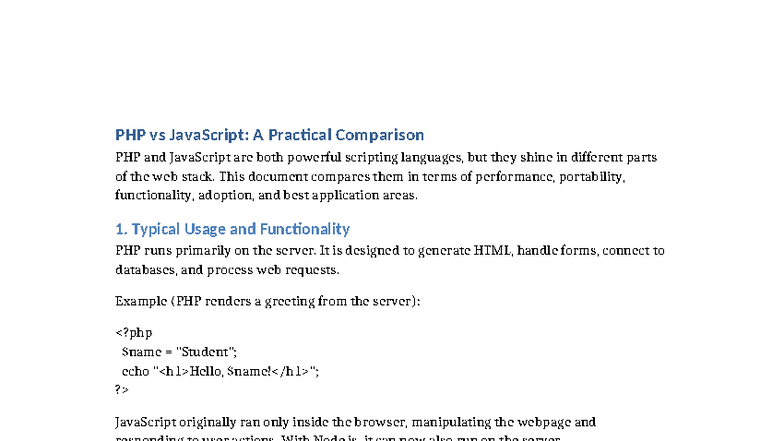 PHP vs JS Comparison: Performance, Portability & Usage - Studocu