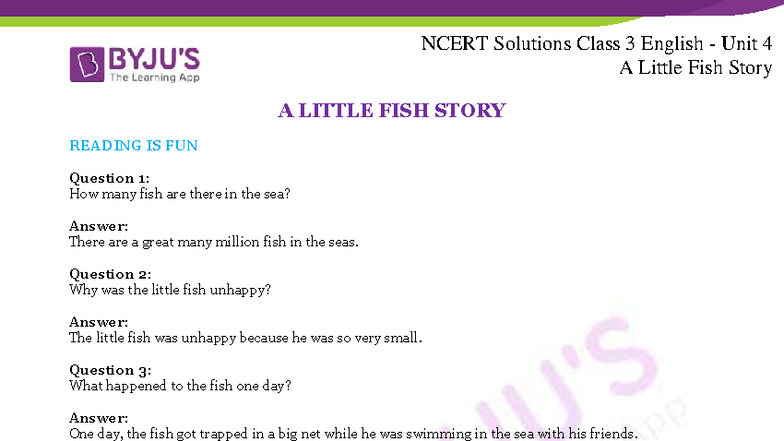 NCERT Solutions Class 3 English Unit 4: A Little Fish Story - Studocu