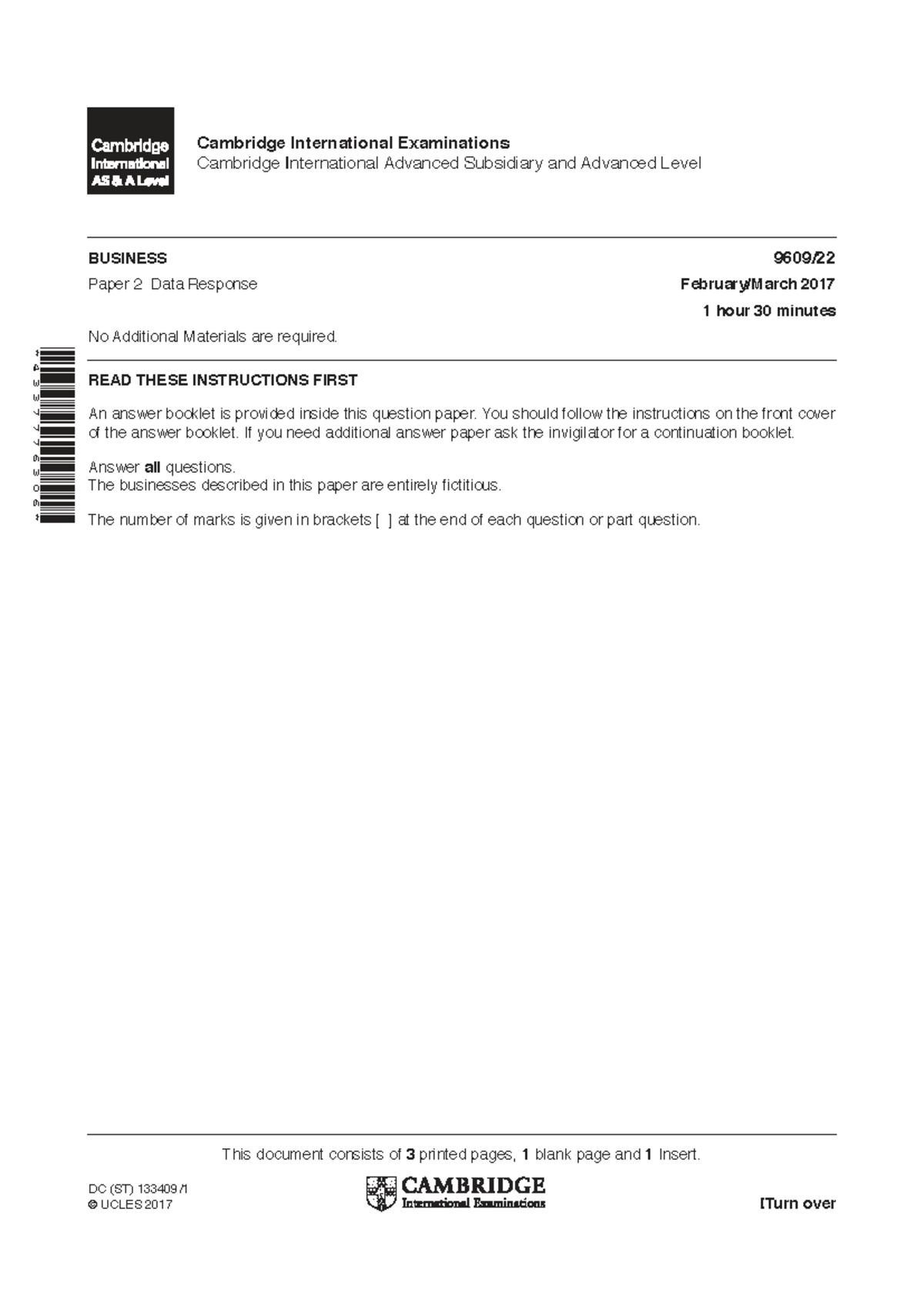 9609/22 Business Paper 2 Data Response - 2017 Exam Analysis - Studocu