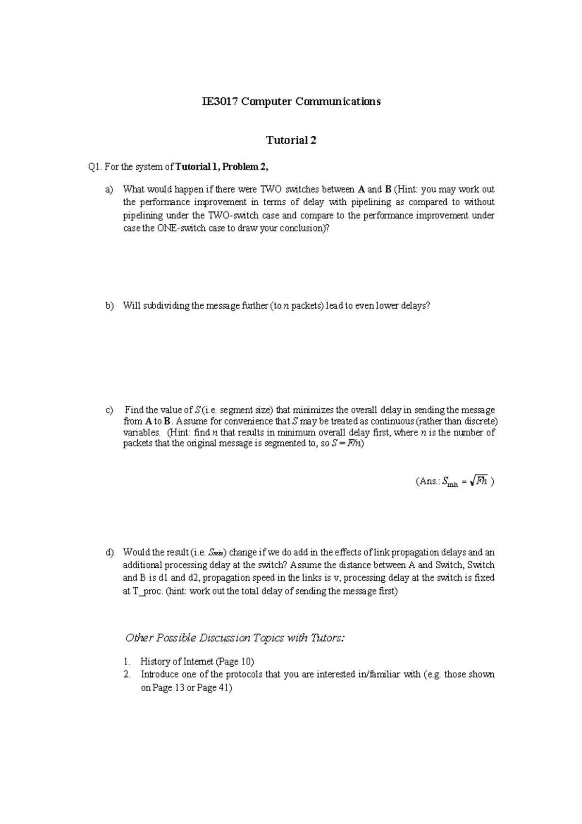 IE3017 Computer Communications Tutorial 2: Delay Analysis and ...