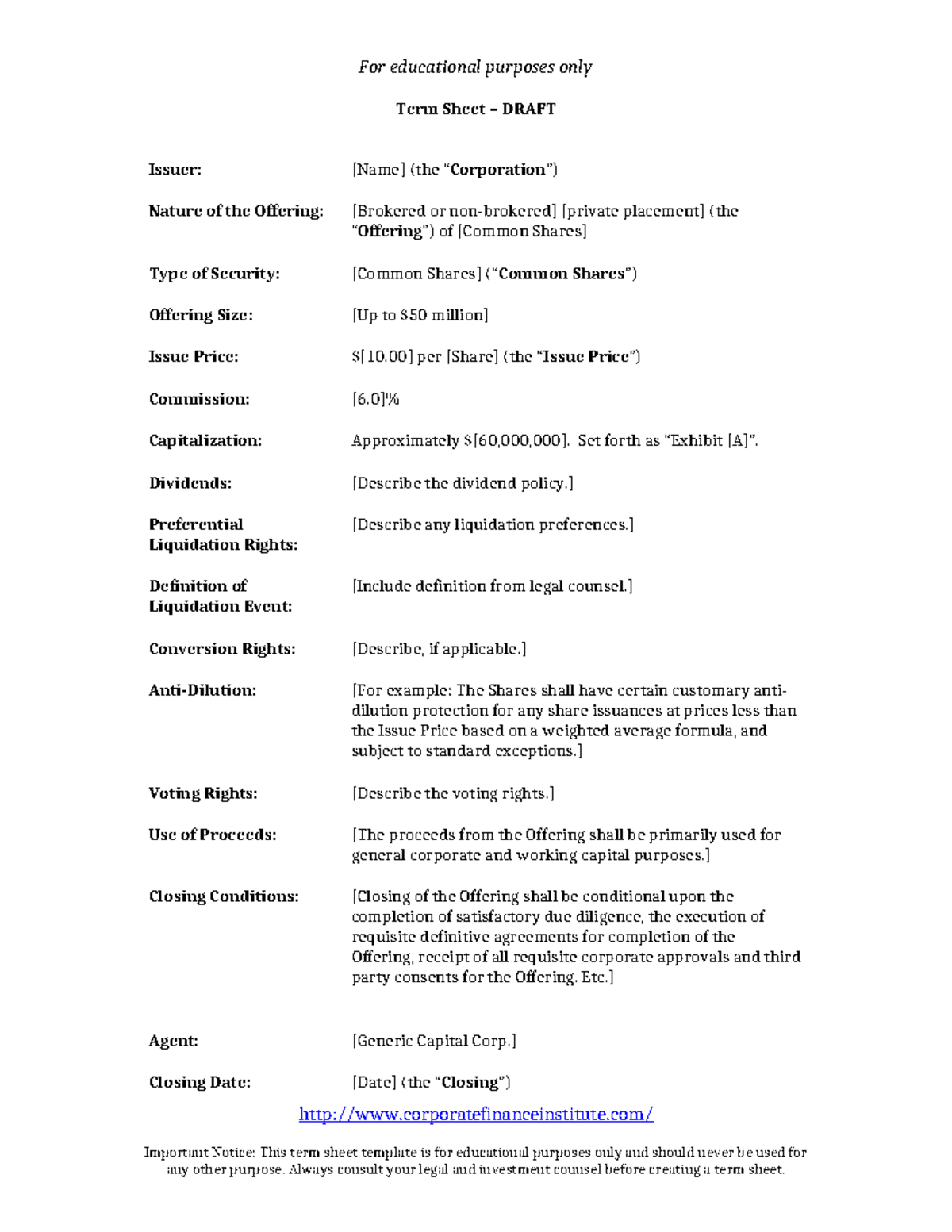 CFI Term Sheet Template: Educational Draft for Offering Details - Studocu