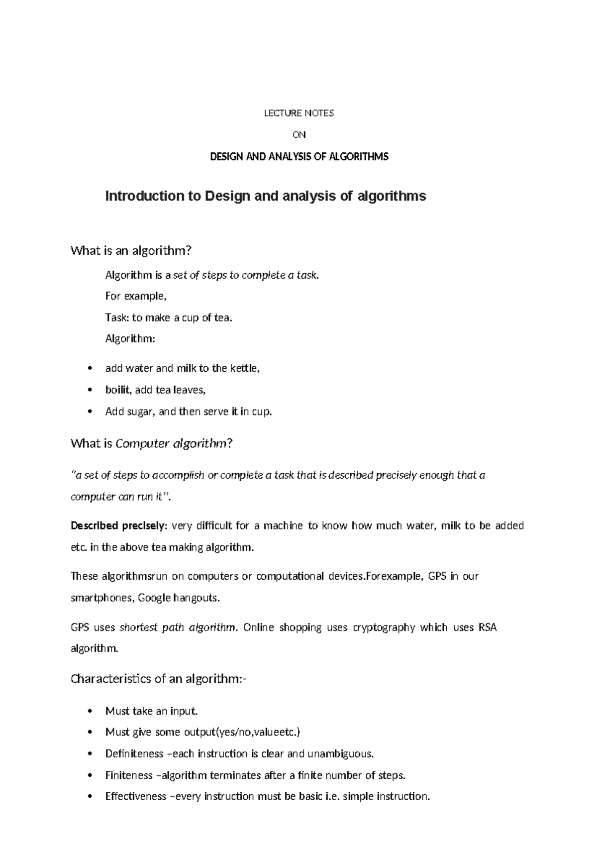 AOA Lecture Notes: Design and Analysis of Algorithms (1,2,3,4,5) - Studocu