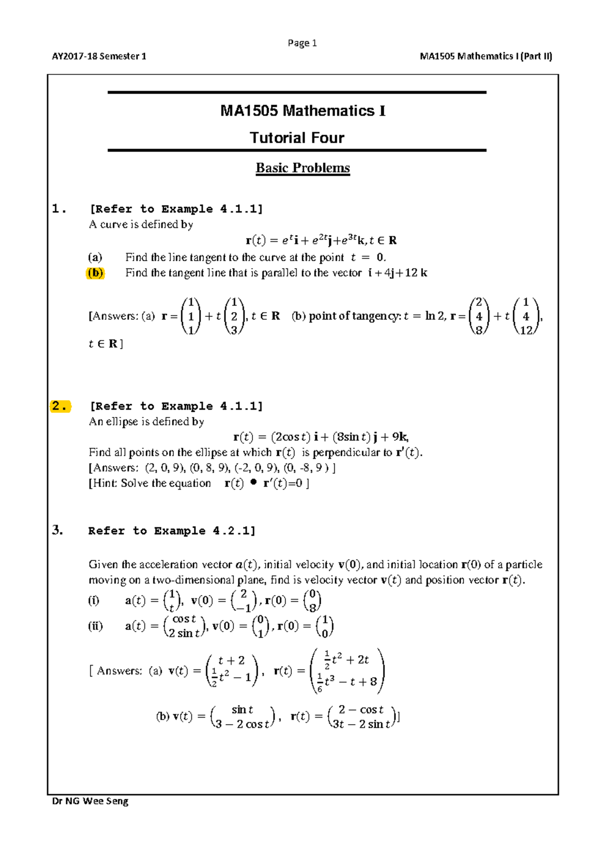 MA1505 Part II AY2017-18 Tutorial 4: Basic Problems in Mathematics I ...