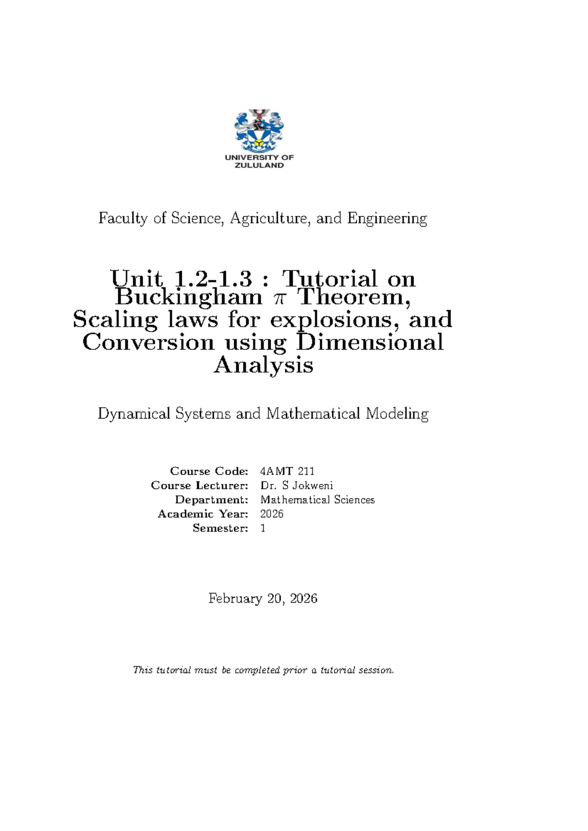 4AMT 211 Tutorial: Buckingham π Theorem & Scaling Laws in Dynamics ...