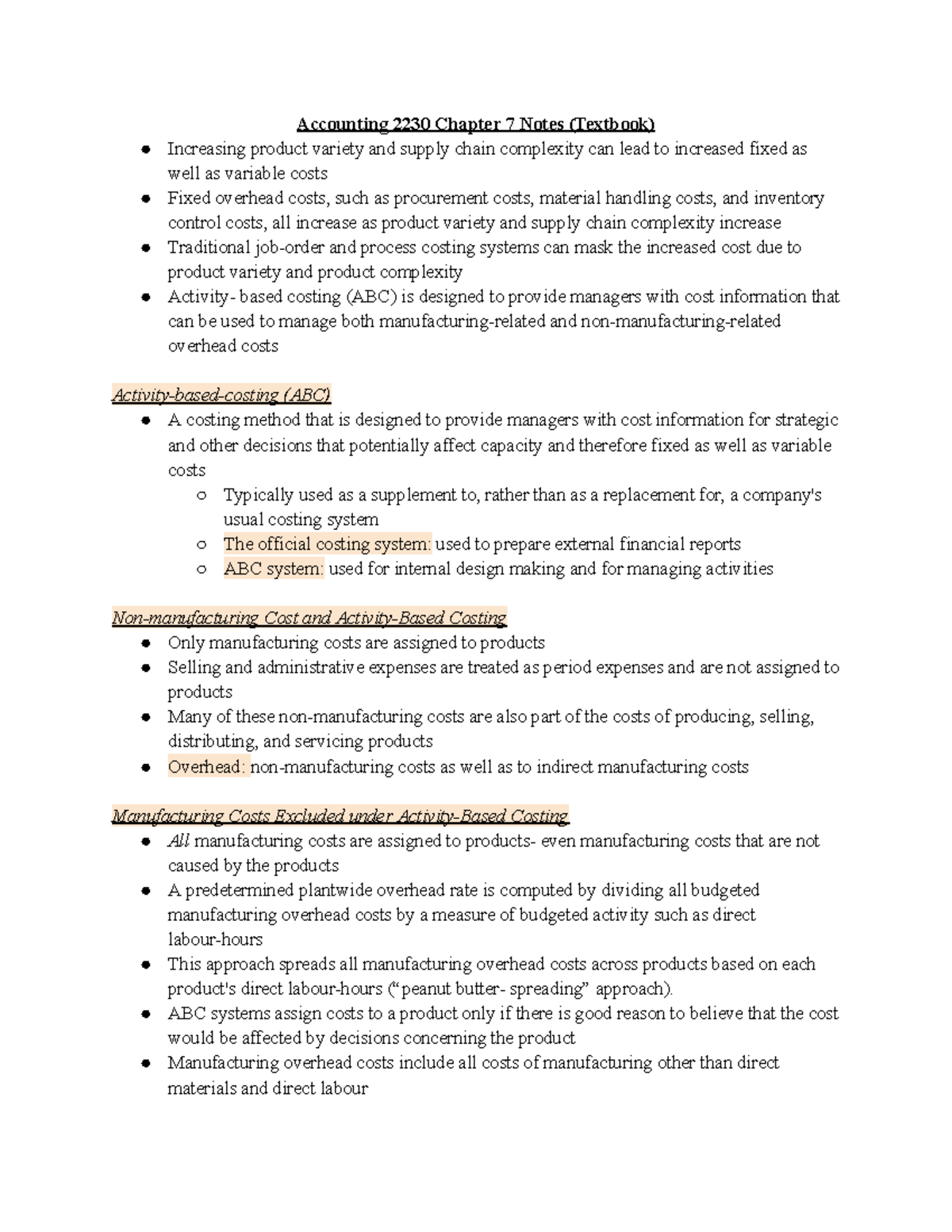 ACCT 2230 Chapter 7 Notes: Understanding ABC and Cost Management - Studocu