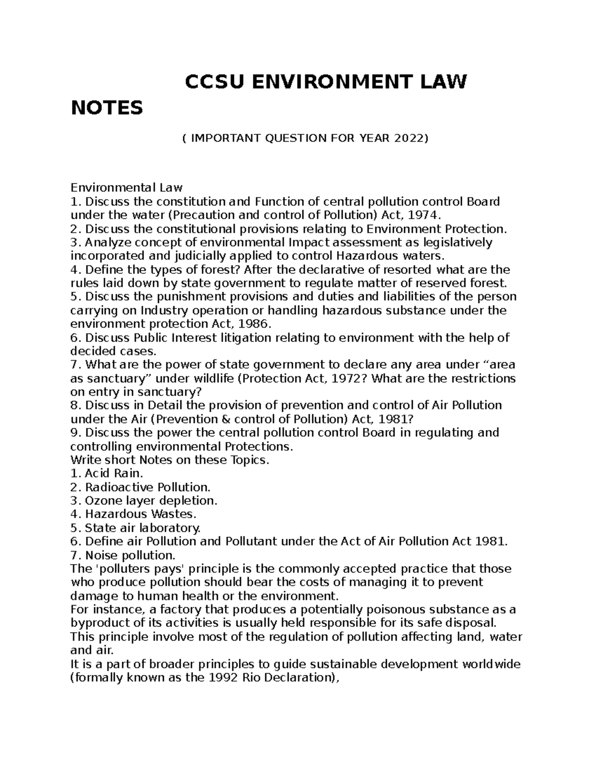 CCSU ENVIRONMENT LAW Notes: Key Legal Concepts & Principles - Studocu