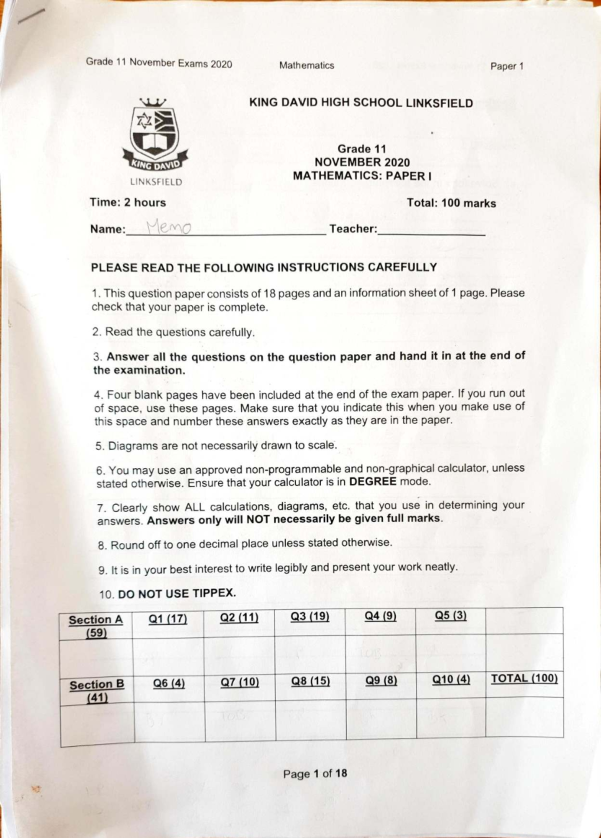 Grade 11 November Exams 2020 Mathematics Paper 1 Memo - Studocu
