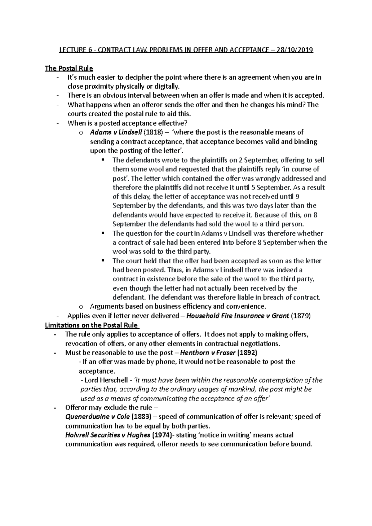 Problems in Offer and Acceptance - Contract law - LECTURE 6 - CONTRACT ...