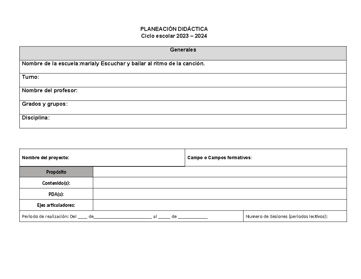 Formato DE Planeacion Didactica 2023 - PLANEACIÓN DIDÁCTICA Ciclo ...