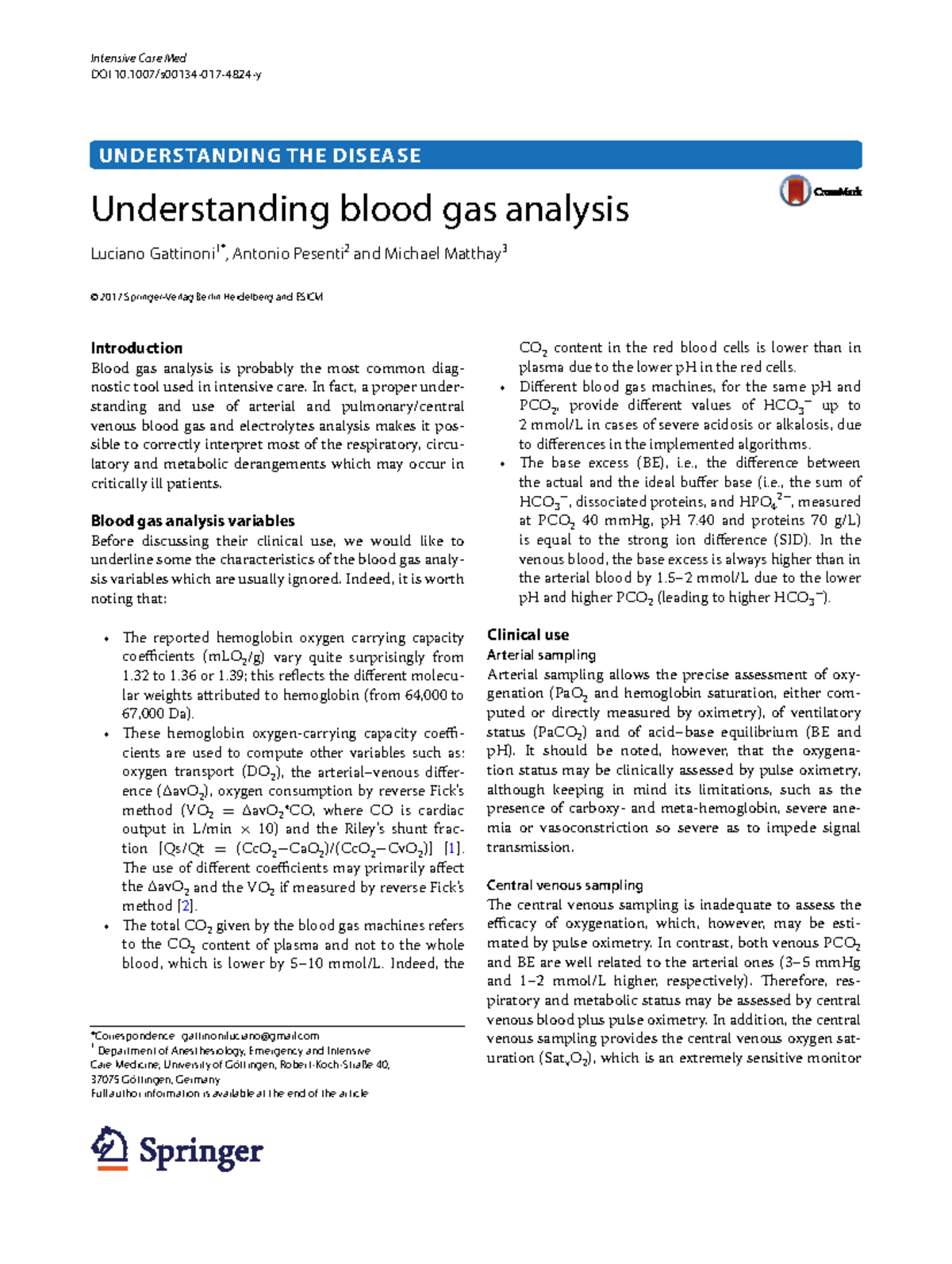 2017 Intensive Care Med: Understanding Blood Gas Analysis - Studocu