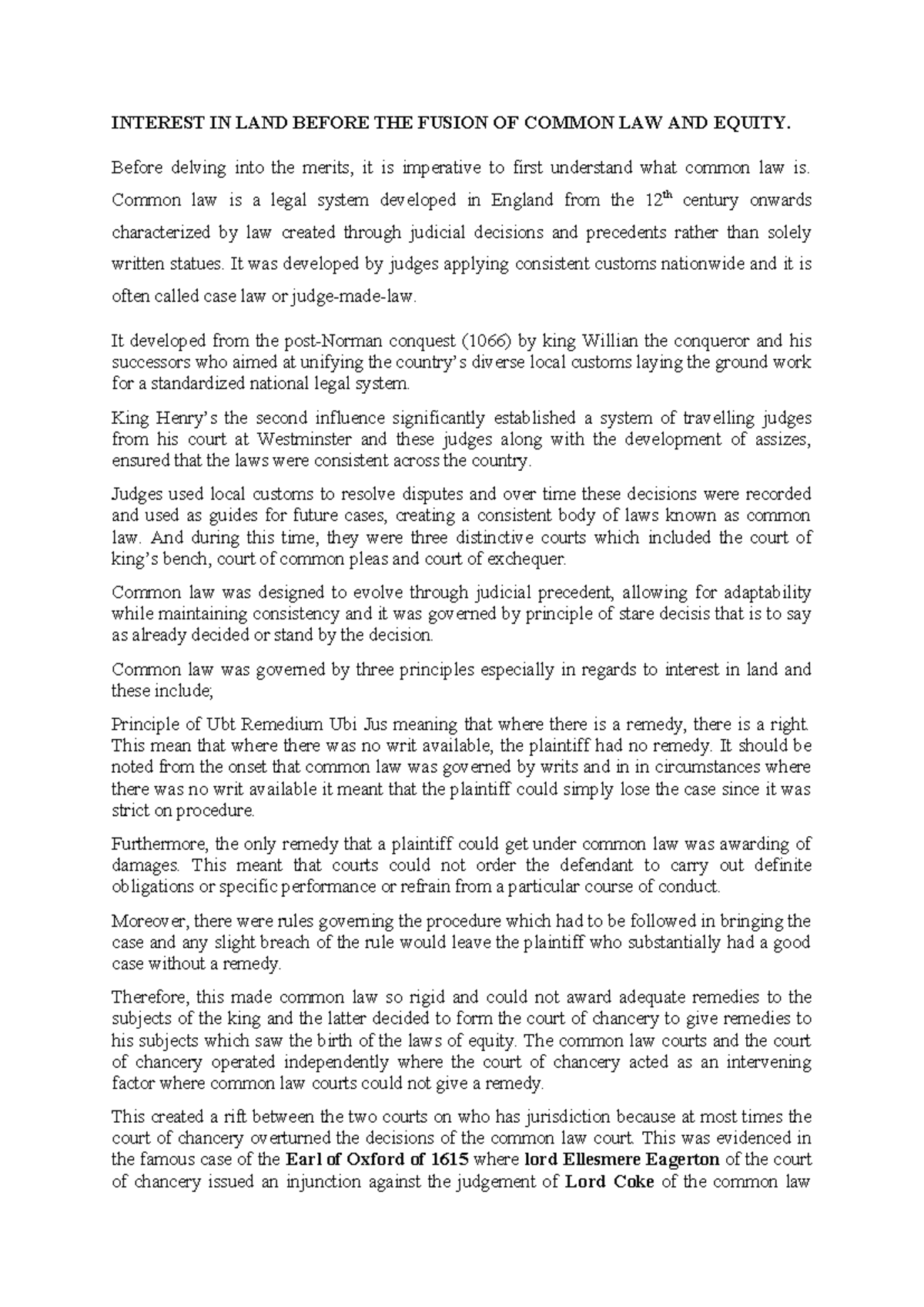 LAND LAW: COMMON LAW AND EQUITY FUSION - FINAL NOTES - Studocu