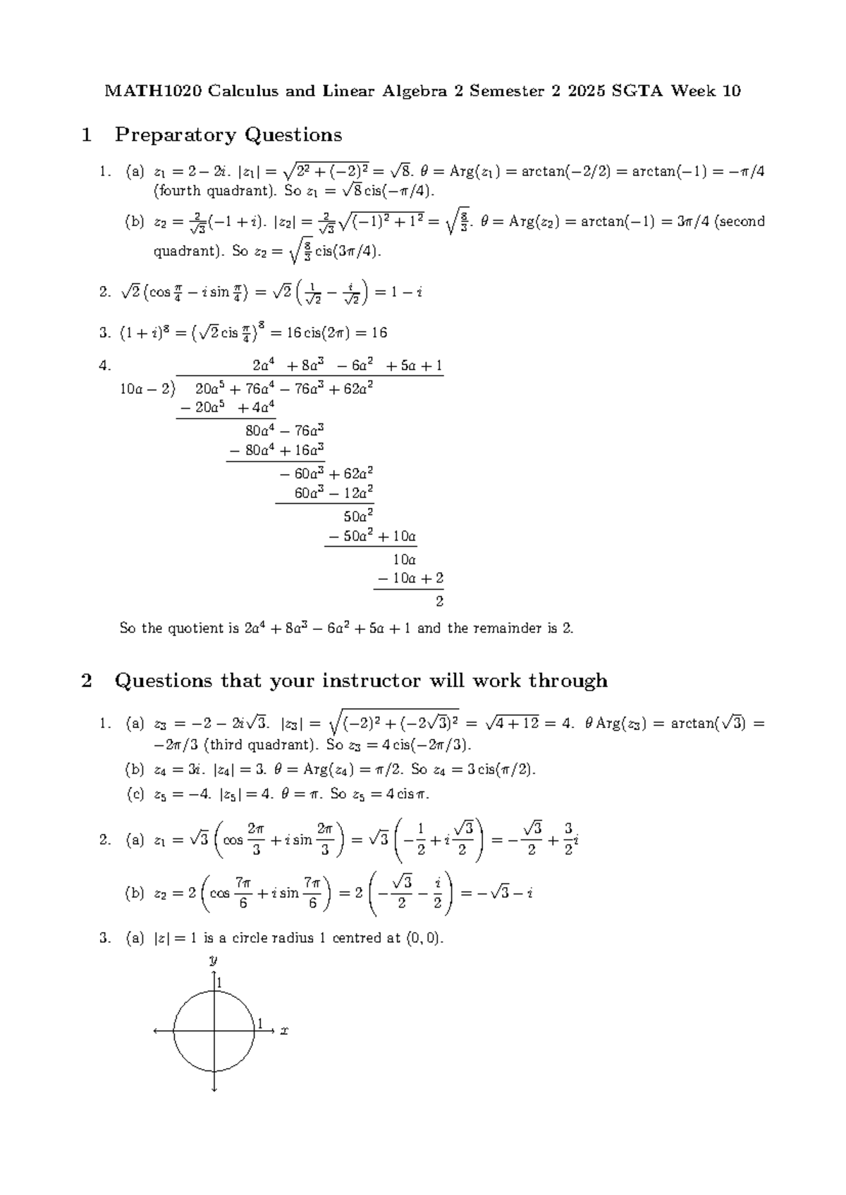 SGTA MATH1020 Calculus & Linear Algebra 2 Week 10 Solutions - Studocu
