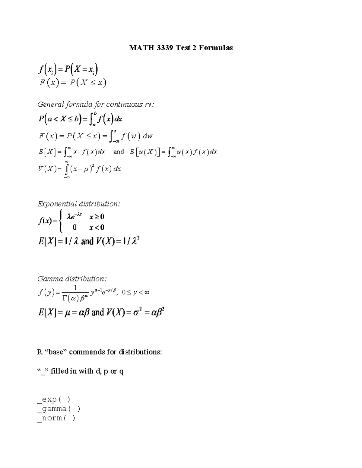 MATH3339 Test 2 Essential Formulas and Concepts - Studocu
