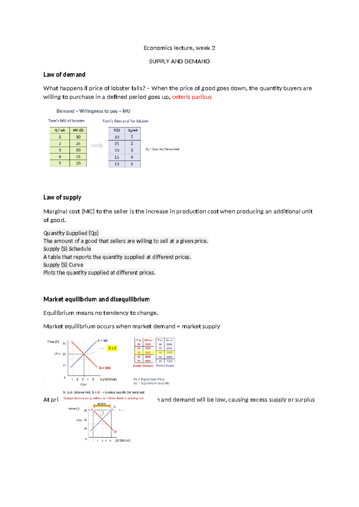 Economics lecture week 2 - Quantity Supplied (Qs) The amount of a good ...