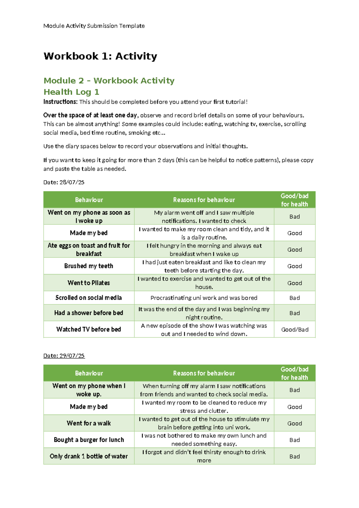 Module 1 Activity Submission: Health Log & Behaviour Change Workbook ...