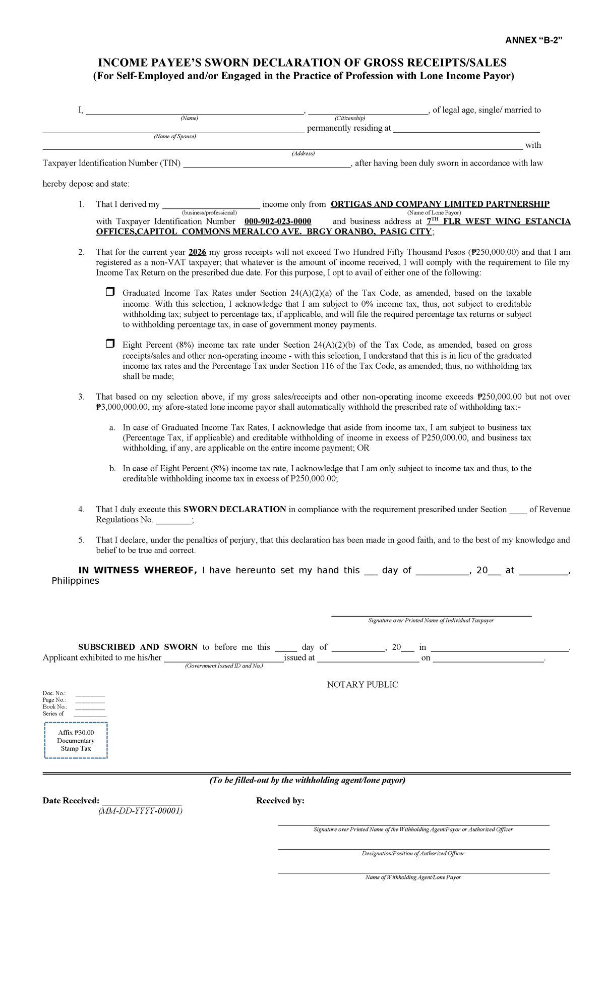 B-2 Sworn Declaration of Gross Income for 2026 Tax Compliance - Studocu