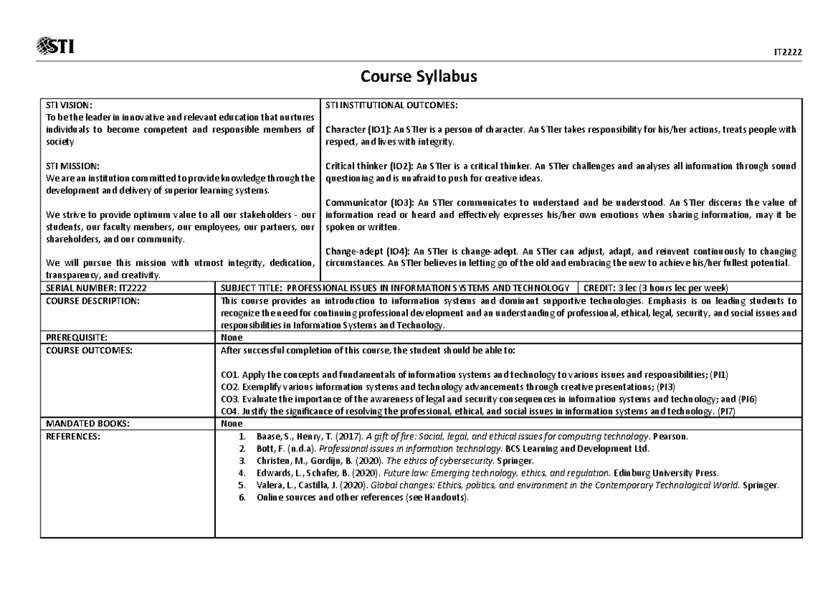 IT2222 Course Syllabus: Professional Issues in Information Systems ...
