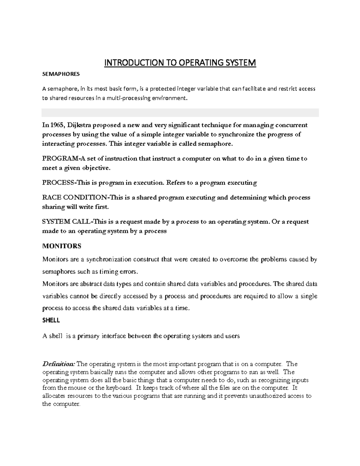 Introduction TO Operating System - INTRODUCTION TO OPERATING SYSTEM ...