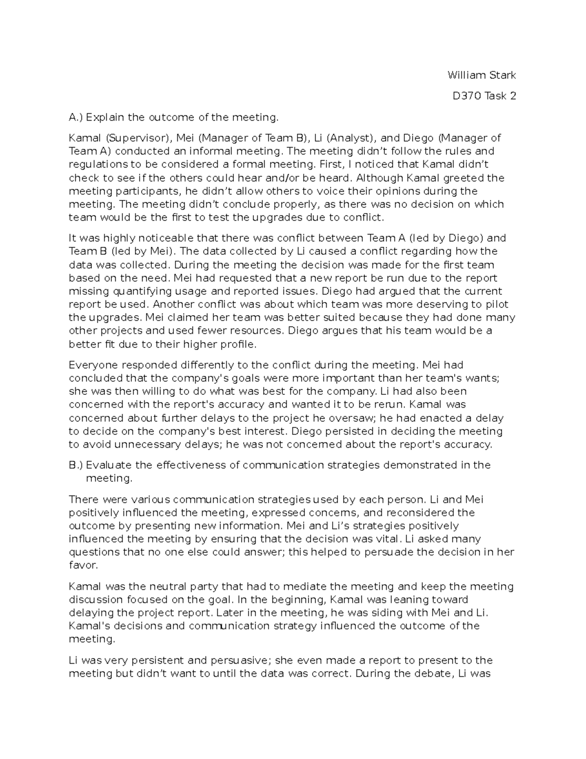 D370 Task 2 - Meeting Outcome & Communication Strategies Analysis - Studocu