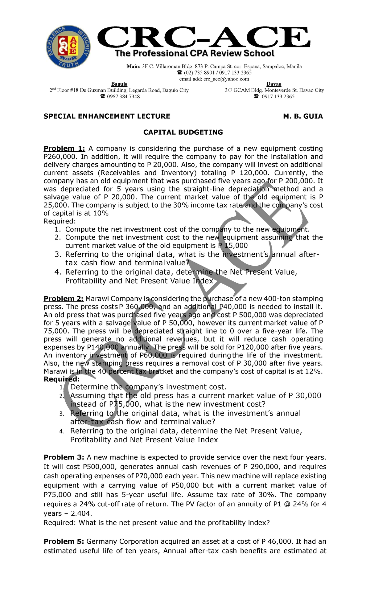 Special Enhancement Lecture - MAS: Capital Budgeting Problems and ...