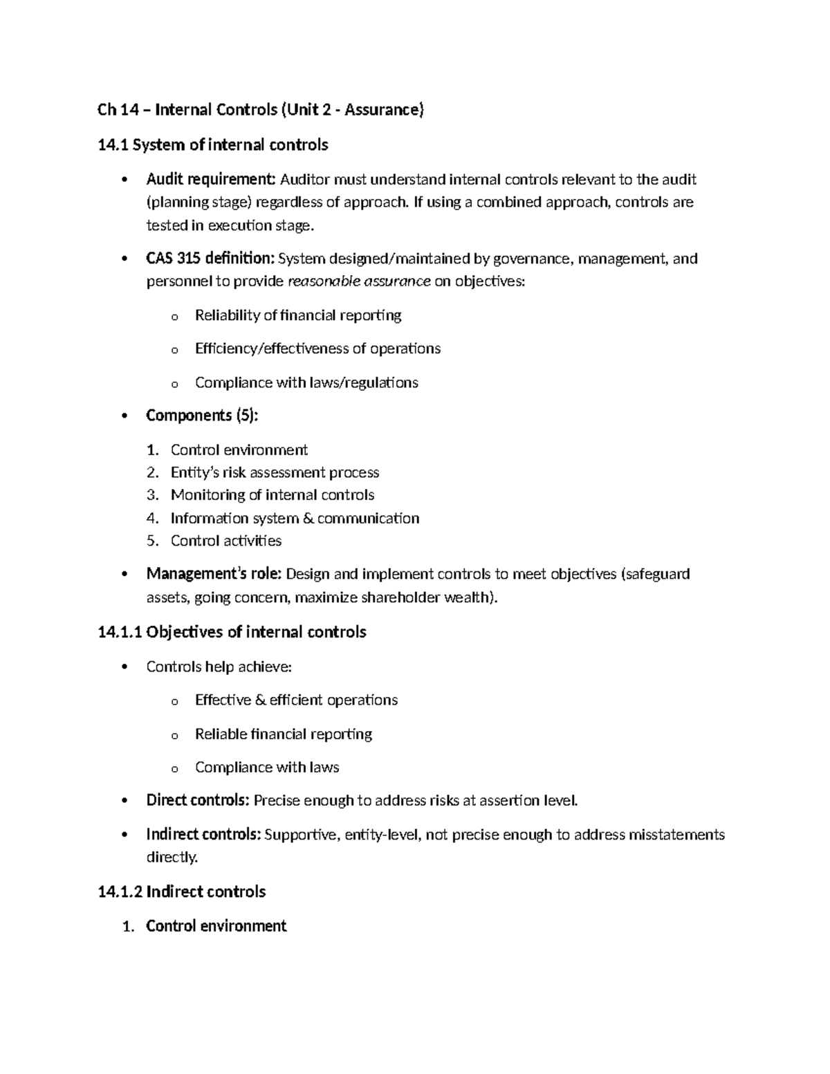 Ch 14 – Internal Controls Overview (Unit 2 - Assurance) - Studocu