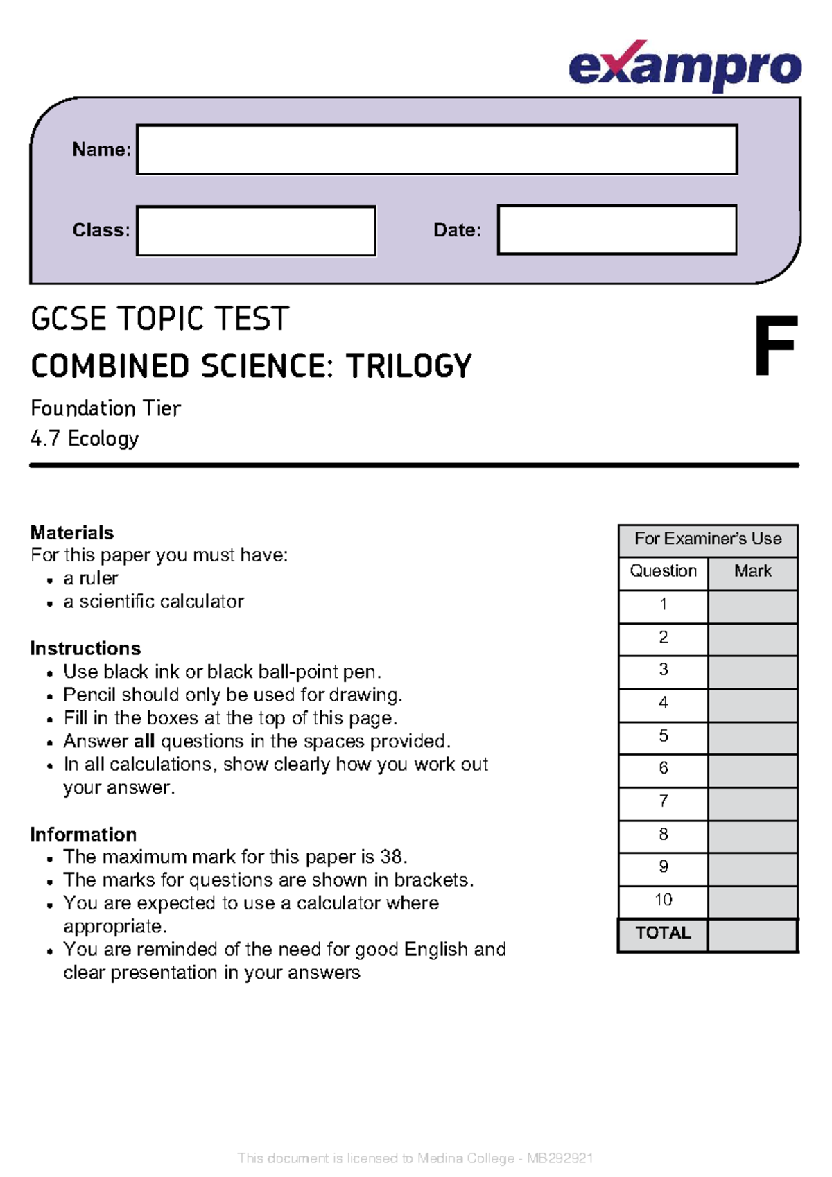 GCSE Combined Science: Trilogy F Ecology Topic Test Materials - Studocu