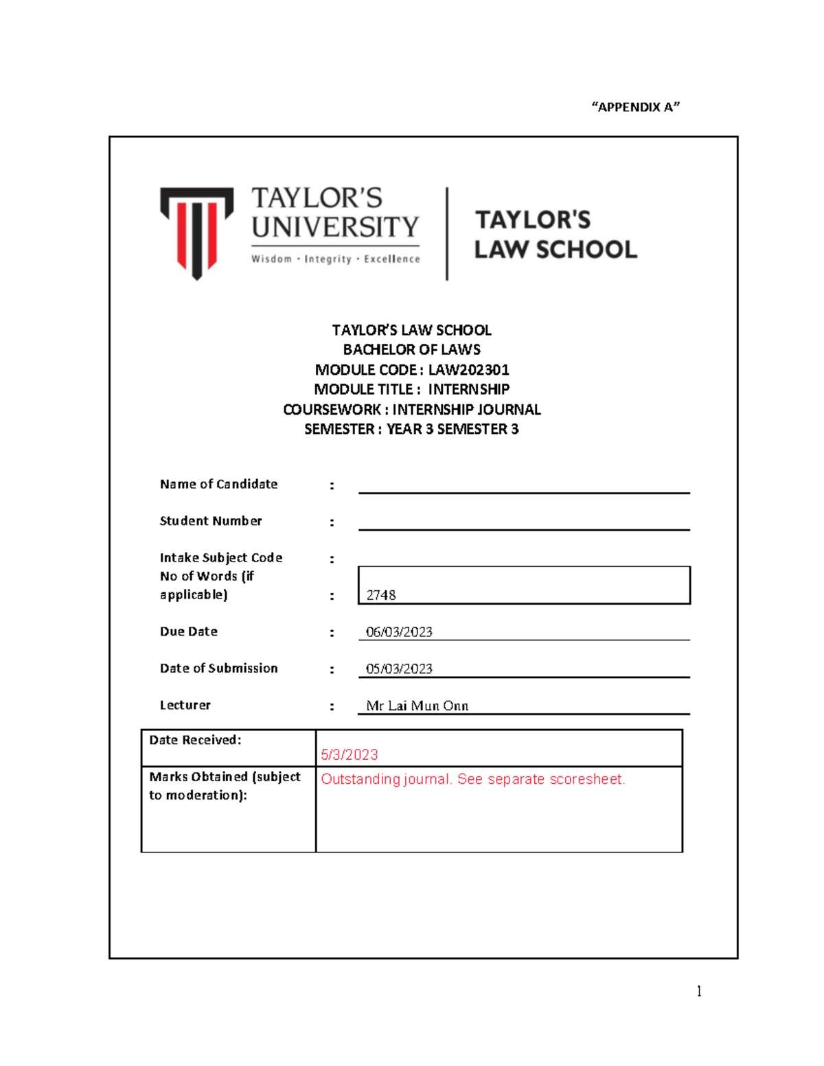 Sample - Internship Journal - 1 “APPENDIX A” TAYLOR’S LAW SCHOOL ...