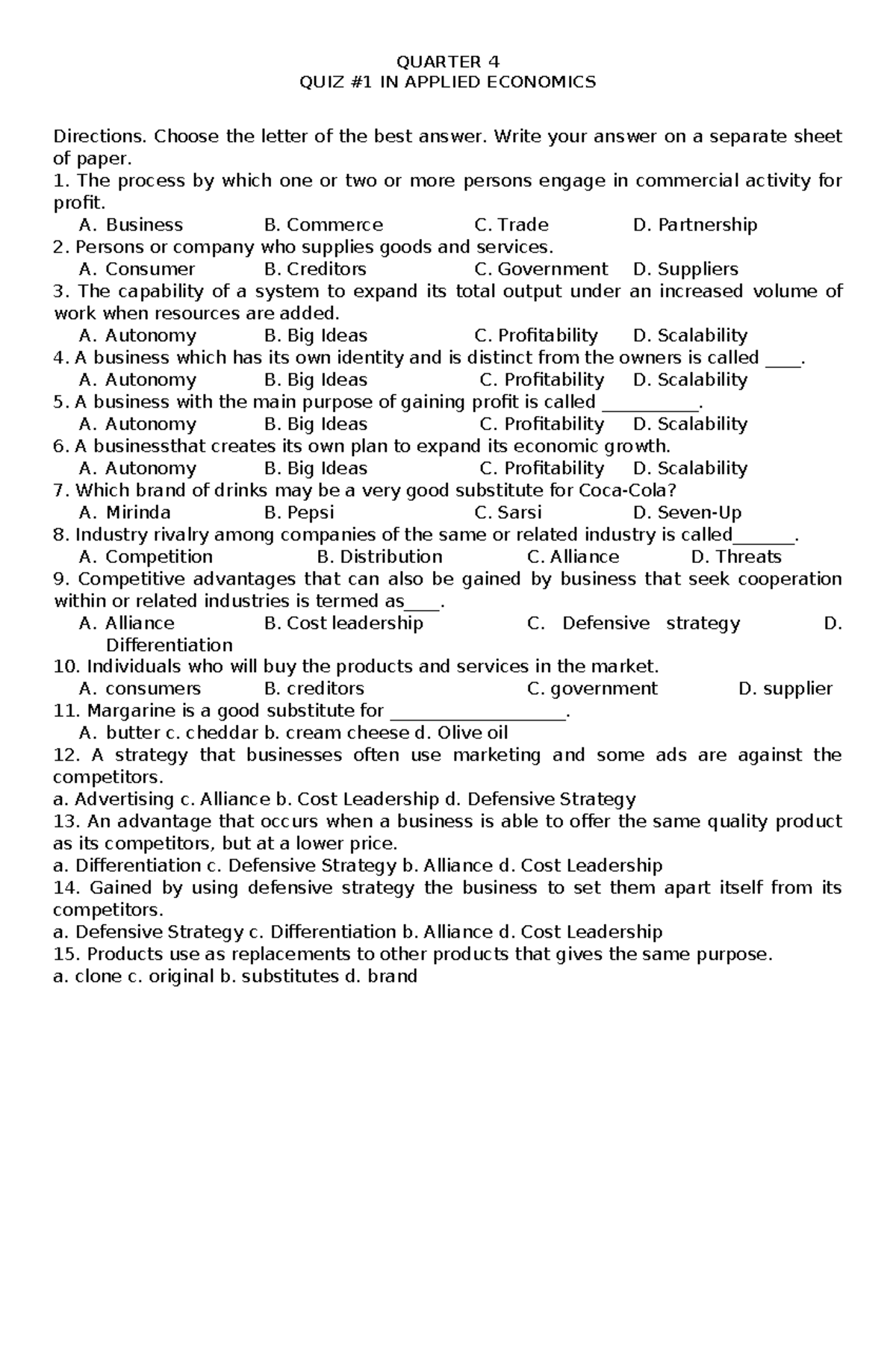 Q4 QUIZ IN APPLIED ECONOMICS: Multiple Choice Questions - Studocu