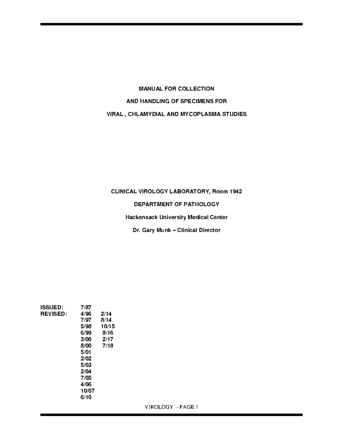 Virology Manual: Guidelines for Specimen Collection & Handling - Studocu