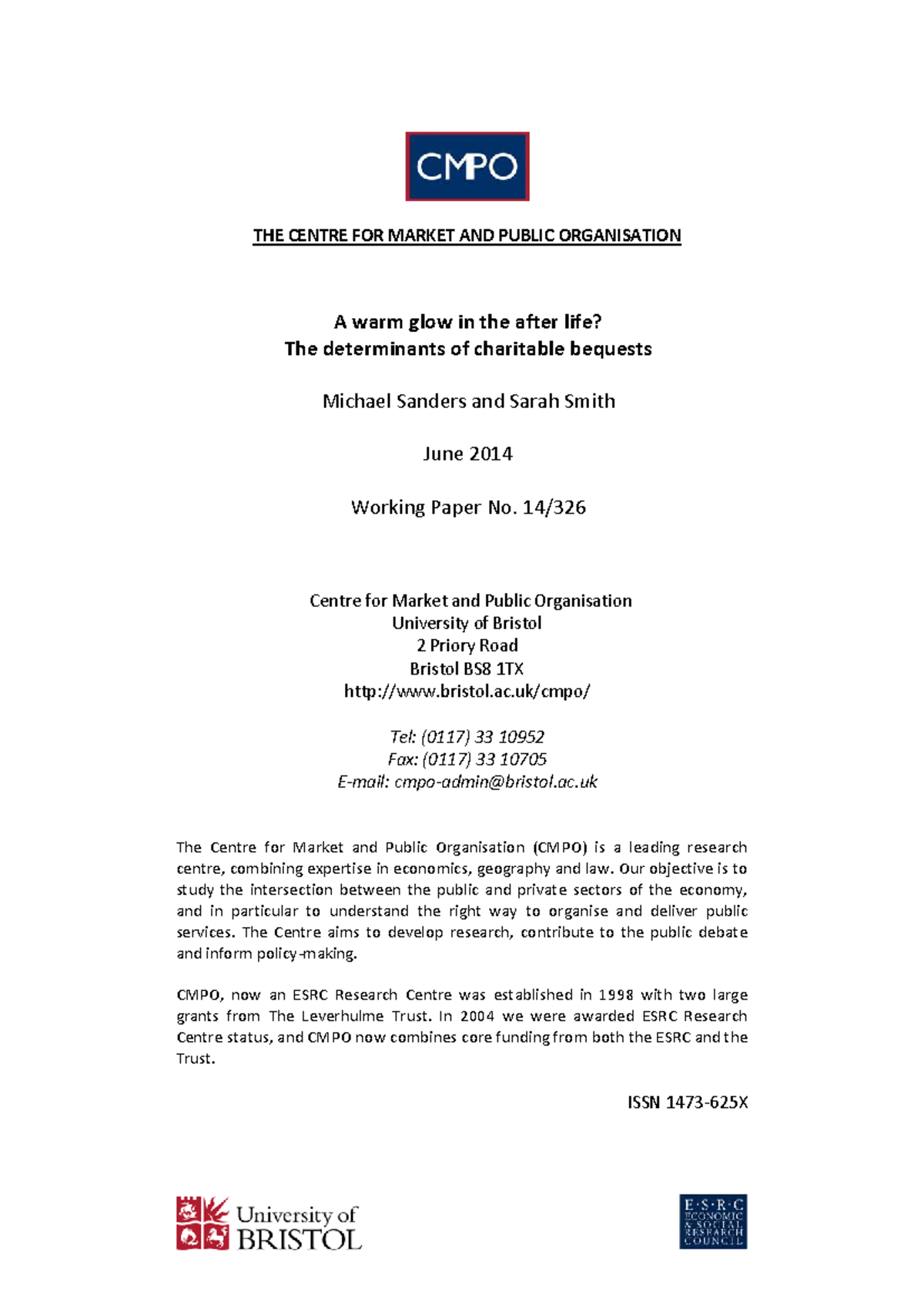 CMPO Working Paper: Determinants of Charitable Bequests - Studocu