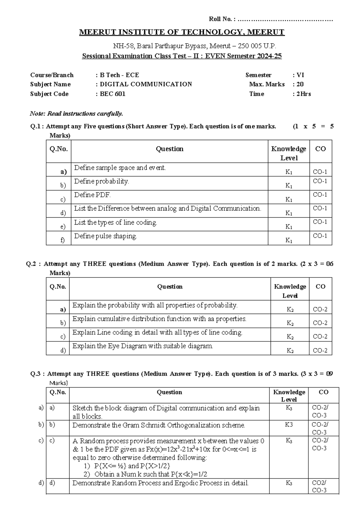 DCOM Sessional Exam II 2024-25: Digital Communication BEC 601 - Studocu