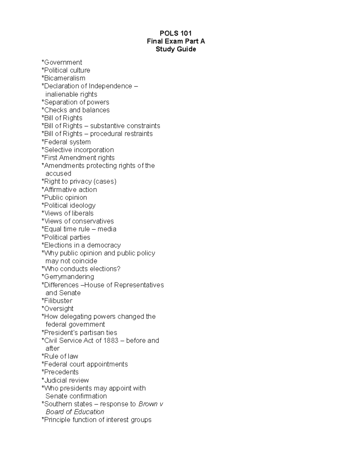 POLS 101 Final Exam Part A Study Guide on American Government - Studocu